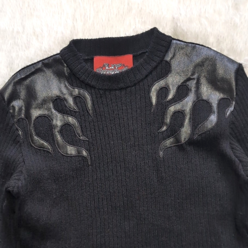 90s Lip Service Black Leather Flame Patch Knit Sweater - Picture 2 of 11